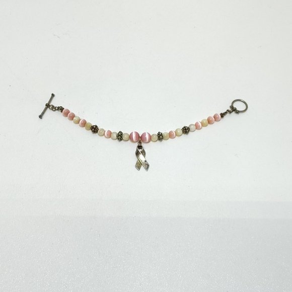 Cancer Awareness Beaded Bracelet Sterling Silver Ribbon Charm Toggle Clasp VTG - Picture 2 of 5